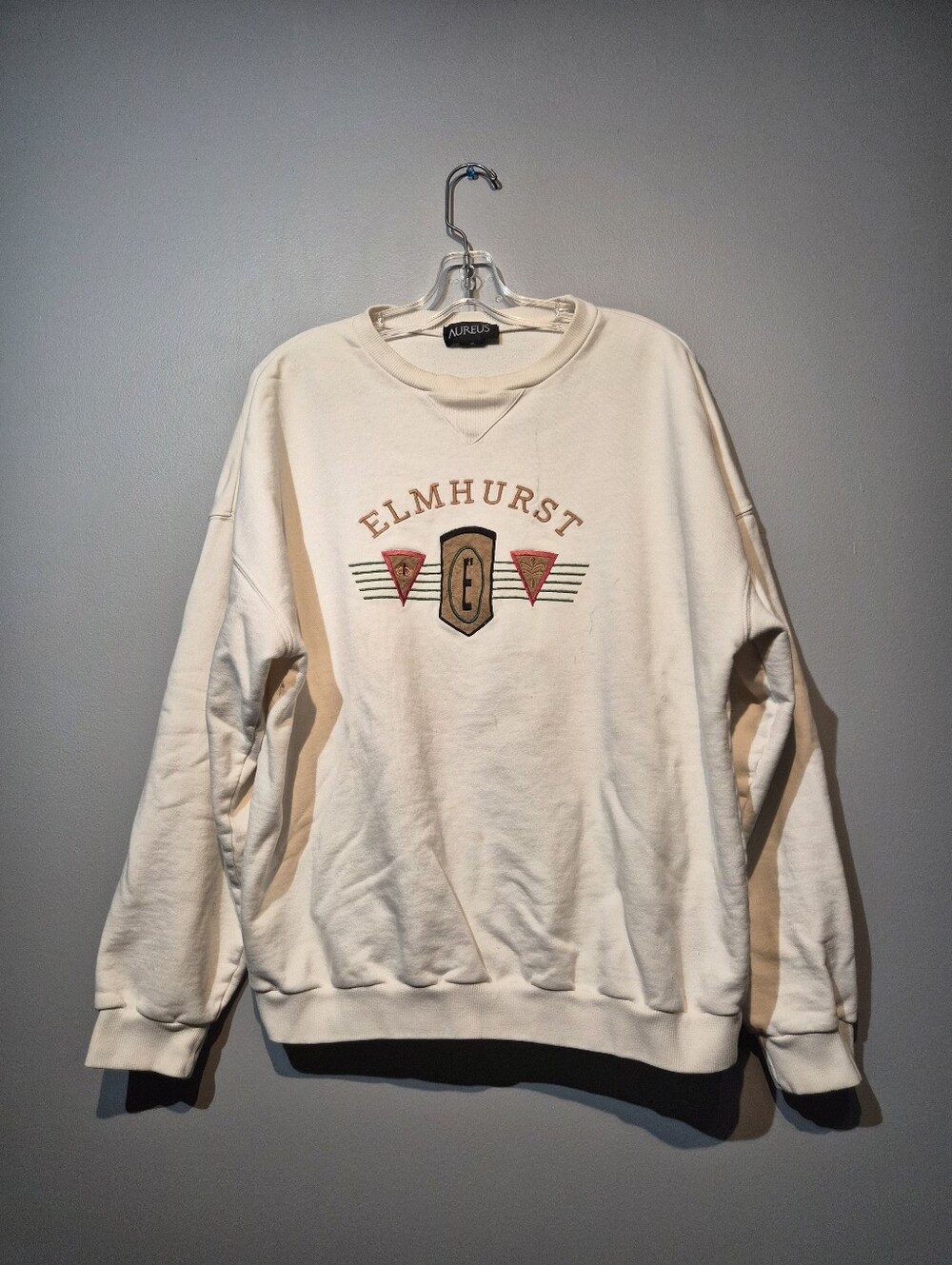Vintage Aureus Elmhurst Stitched Off White Crew neck Sweater | Size XL
